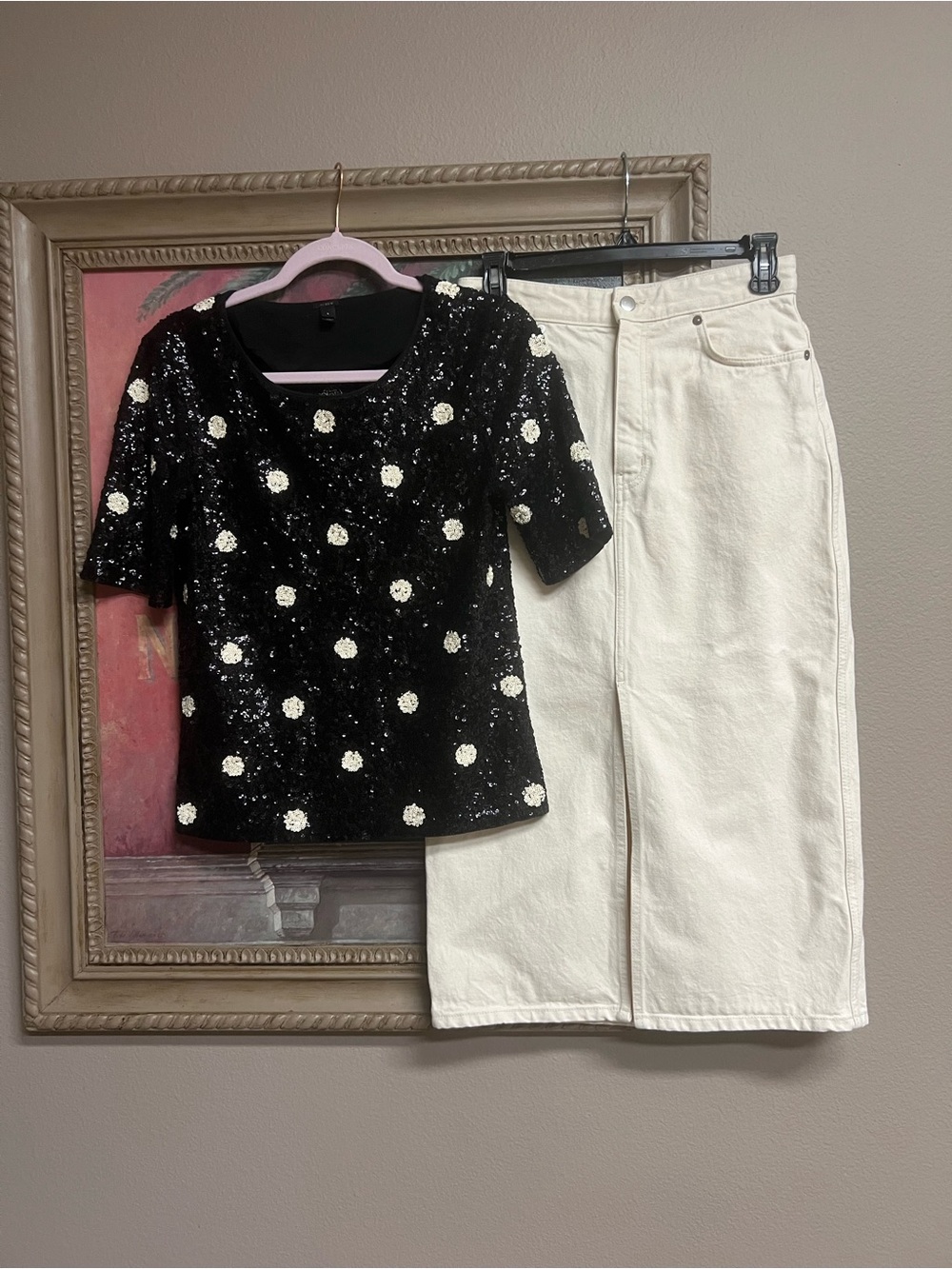 J. Crew Black Short Sleeve Sequin Top w/ a cream & Other Stories Midi Jean Skirt